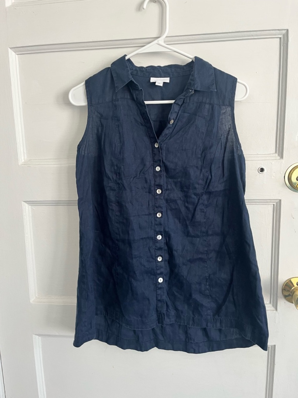 Linen J Jill Navy button up collared sleeveless blouse XS